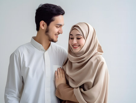 Hijab couple hugging and looking at each other over white backgroundの素材