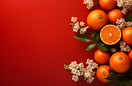 Fresh oranges with leaves and flowers on red background. Top view with copy spaceの素材
