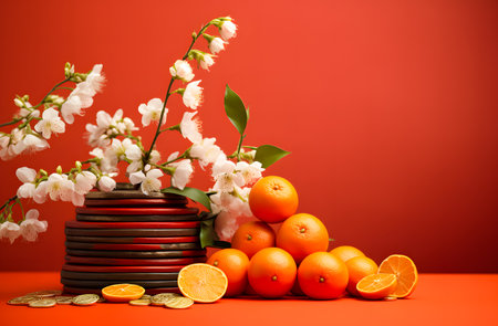 Oranges and flowers on red background. Happy Chinese New Year. copyspace for textの素材