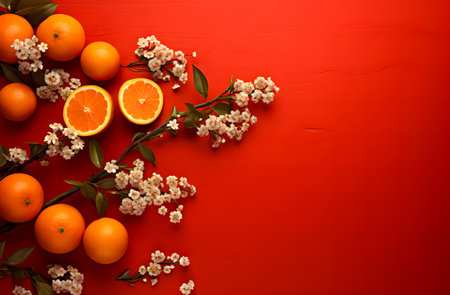 Oranges and flowers on red background. Happy Chinese New Year. copyspace for textの素材