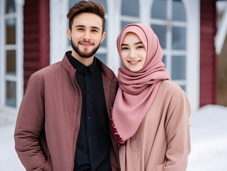 portrait of happy muslim couple smiling at camera while standing outdoorsの素材