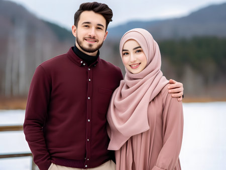 muslim couple embracing and looking at camera in winter park with snowの素材