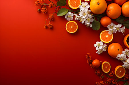 Oranges and flowers on red background. Top view with copy spaceの素材