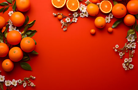Oranges and flowers on red background. Happy Chinese New Year. copyspace for textの素材