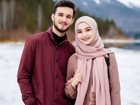 muslim couple hugging each other and looking at camera on winter dayの素材