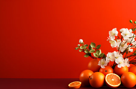 Oranges and flowers on a red background with space for text.の素材