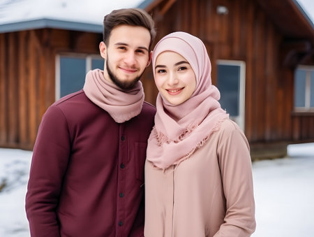 Portrait of a happy young muslim couple in winter clothes outdoorsの素材