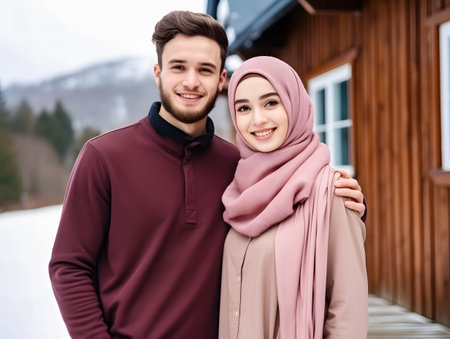 portrait of happy muslim couple hugging each other on winter vacationの素材