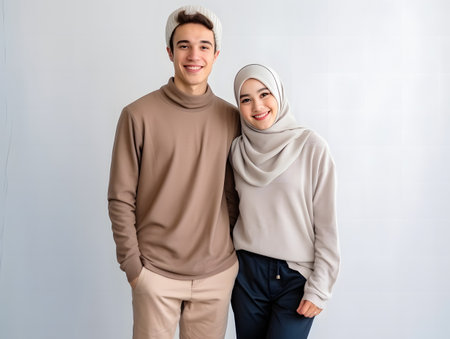 Hijab couple smiling and looking at camera on white background.の素材