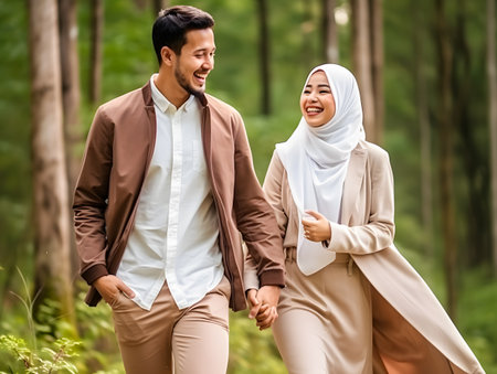 happy muslim couple holding hands and looking at each other in forestの素材