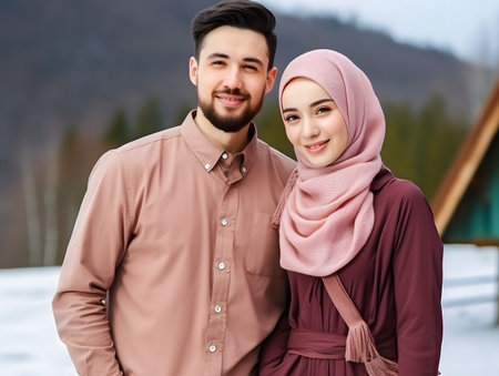 muslim couple embracing and looking at camera on winter vacation in mountainsの素材