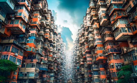 densely populated apartment buildings in Hong Kong, China. Hong Kong is the most densely populated of the five boroughs of Hong Kong.の素材