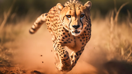 Cheetah running towards camera in Kruger National Park, South Africa ; Specie Acinonyx jubatus family of Felidaeの素材