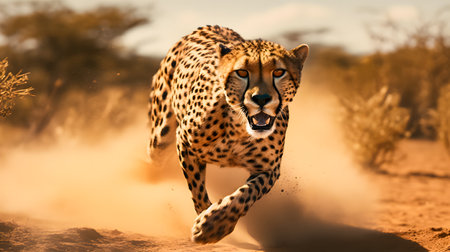 Cheetah running in dust in Kruger National Park, South Africa ; Specie Acinonyx jubatus family of Felidaeの素材
