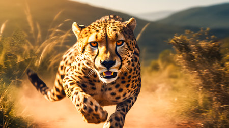 Cheetah running in the highlands of Africa. Wildlife scene from nature.の素材