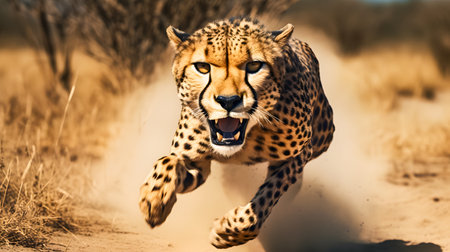 Cheetah running in the savannah in Kruger National Park, South Africa. Species Panthera pardus family of Felidaeの素材