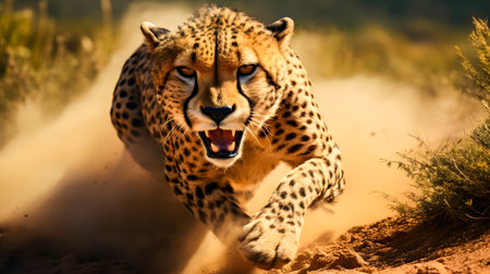 Cheetah running in the savannah in Kruger National Park, South Africa. Species Panthera pardus family of Felidaeの素材