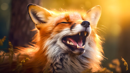 Close up of a red fox yawning in the forest in summerの素材