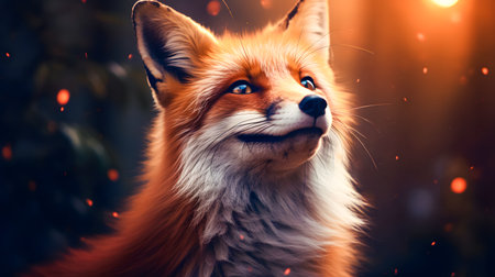 Portrait of a red fox on a background of the night forestの素材