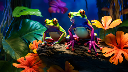 Frogs on a branch in the tropical forest. 3d illustrationの素材