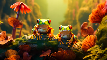 Frog sitting on a branch in the rainforest. Wildlife scene from nature. 3D renderingの素材