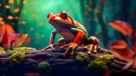 Frog sitting on a branch in the rainforest. Wildlife scene from nature. 3D renderingの素材