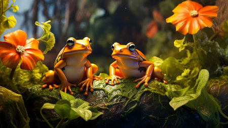 Frog sitting on a branch in the rainforest. Wildlife scene from nature. 3D renderingの素材