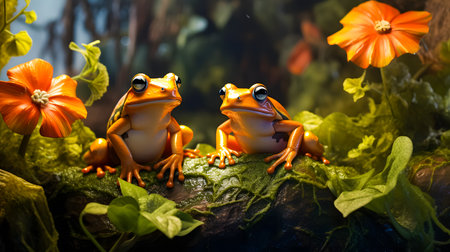 Frog sitting on a branch in the rainforest. Wildlife scene from nature. 3D renderingの素材