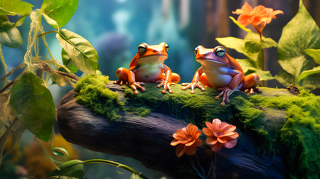 Frog sitting on a branch in the rainforest. Wildlife scene from nature. 3D renderingの素材