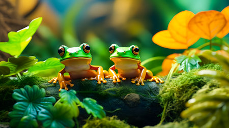 Frog sitting on a branch in the rainforest. Wildlife scene from nature. 3D renderingの素材