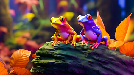 Frog sitting on a branch in the rainforest. Wildlife scene from nature. 3D renderingの素材