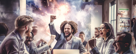 Business people celebrating success with raised hands in office. Success concept.の素材