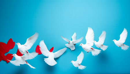 3d rendering of white pigeons flying on blue background with copy spaceの素材