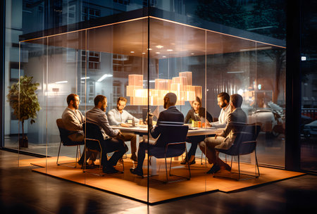 Group of business people discussing business plan at meeting table in modern officeの素材