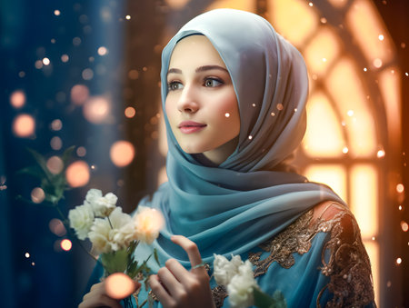 Portrait of beautiful young muslim woman with flowers in her handの素材