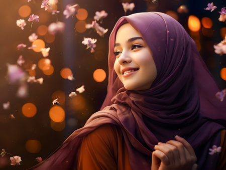 muslim woman with flower petals and bokeh on backgroundの素材