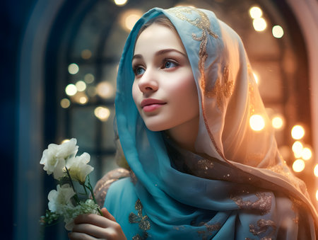 Portrait of a beautiful young muslim woman with a bouquet of white flowersの素材