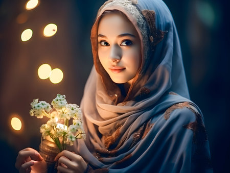 Hijab girl with lily of the valley in her handsの素材
