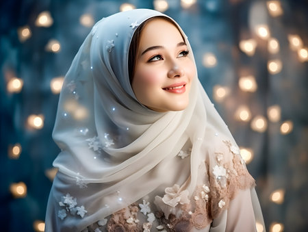 Beautiful muslim woman wearing hijab with christmas lights in backgroundの素材