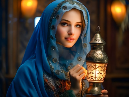 Beautiful young woman in traditional arabic dress with lantern. Ramadan Kareem.の素材