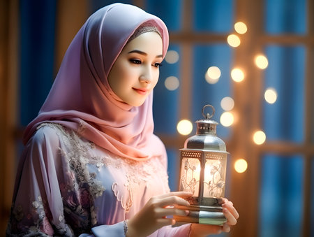 Beautiful muslim woman with lantern at home. Ramadan Kareem conceptの素材