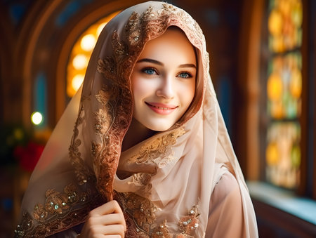 Portrait of beautiful young muslim woman with hijab in church.の素材
