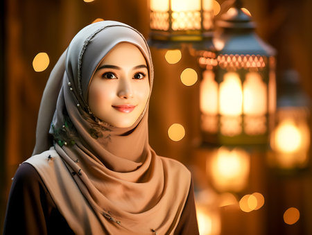 Beautiful muslim woman wearing hijab with traditional lanterns in backgroundの素材