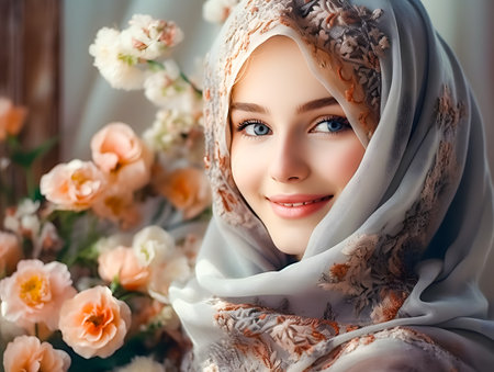 Portrait of a beautiful young muslim woman in hijab with flowers.の素材
