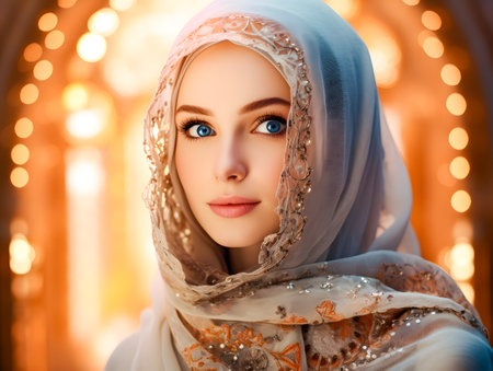 Portrait of a beautiful muslim woman with blue eyes and makeup.の素材
