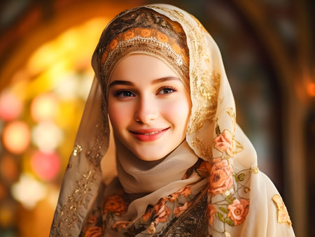 Portrait of beautiful young muslim woman with hijab in traditional clothesの素材