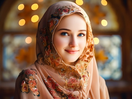 Beautiful young muslim woman in traditional russian clothes, close up portraitの素材