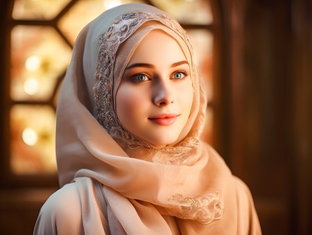 Portrait of beautiful young muslim woman in hijab looking at camera.の素材