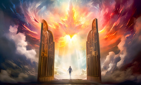 Mystical door to heaven with a man or woman standing at the entrance to a fantasy world backgroundの素材