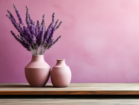 Lavender flowers in vases on wooden table against color wall. Background with whitespace. Ai Generatedの素材
